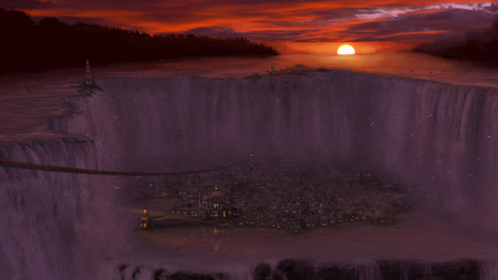 Fantasy City and Waterfalls - sunset, landscape, waterfalls within the city, ricardo garces