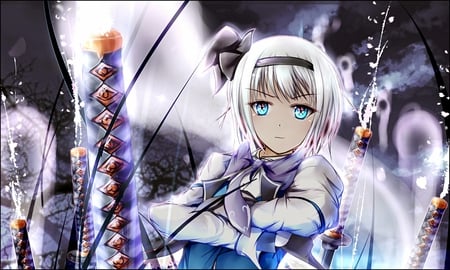 Konpaku Youmu - konpaku youmu, anime girl, kawai, seifuku, white, touhou, blonde hair, cool, katana, anime, sword, cute, short hair, girl, blue eyes, shirt, headband, weapon, uniform