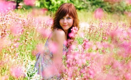 Portrait in Pink - flowers, woman, fields, portrait, pink