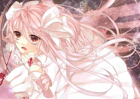 Goddess Madoka - mahou shoujo madoka magica, goddess madoka, kaname madoka, girl, female, ribbons, anime girl, kawai, bow, cool, pretty, anime, weapon, cute, dress