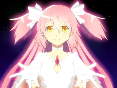 Kaname Madoka - pretty, anime, anime girl, twintails, dress, girl, goddess madoka, kawai, mahou shoujo madoka magica, kaname madoka, cute, ribbons