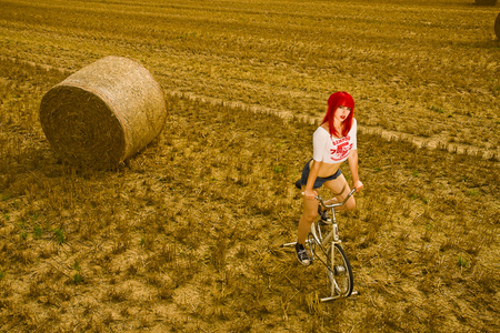 red hair - girl, bike, female, red, field