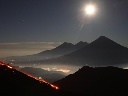 volcano - nature, sky, mountain, volcanu, sun, fire