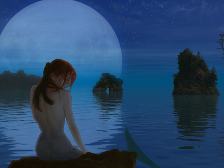 MOONLIT MERMAID - moon, blue, island, night, ocean, stars, mermaid, sky, bay