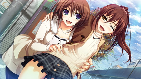 koi de wa naku - 2girls, blush, wink, long hair, brown hair, uniform, blue eyes