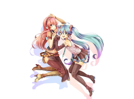 Vocaloid - headphones, 2girls, megurine luka, aqua hair, hatsune miku, long hair, pink hair, blue eyes