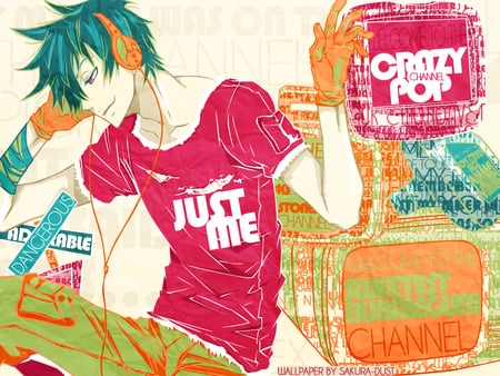 just me - boy, shirt, anime, headphones, words, green hair, pop, gloves