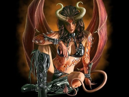 female demon - tail, claws, brunette, tattoos, horns