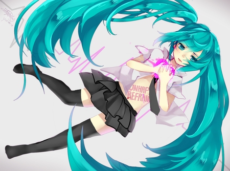 Unhappy Refrain - aqua, hot, thighhighs, music, anime girl, white, art, cool, aqua eyes, artistic, hatsune miku, skirt, sexy, leggings, song, vocaloids, program, vocaloid, pink, beautiful, uniform, diva, beauty, nice, twintail, aqua hair, singer, black, virtual, pretty, idol, anime, miku, cute, girl, unhappy refrain, cg, hatsune, blue, tie, awesome, digital, outfit