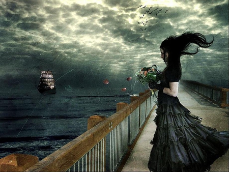 Goodbye - clouds, abstract, fantasy, woman, ship, ocean, dock