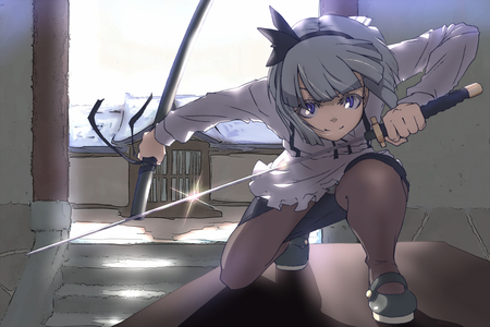 Konpaku Youmu - anime, anime girl, skirt, girl, sword, cool, touhou, katana, weapon, konpaku youmu