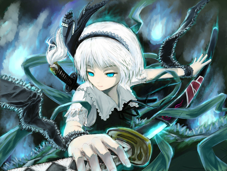 Konpaku Youmu - anime, anime girl, girl, sword, cool, dragon, touhou, katana, weapon, konpaku youmu