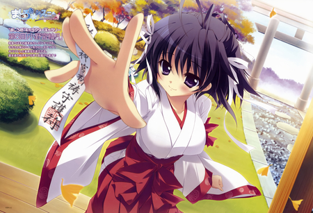 Onomiya Yutsuki - girl, onomiya yutsuki, bushes, bow, anime, leaves, ribbon, kimono, short hair