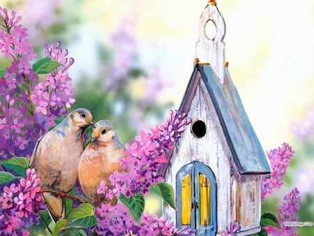 Birdhouse - bird, animal, painting, flower, art, birdhouse