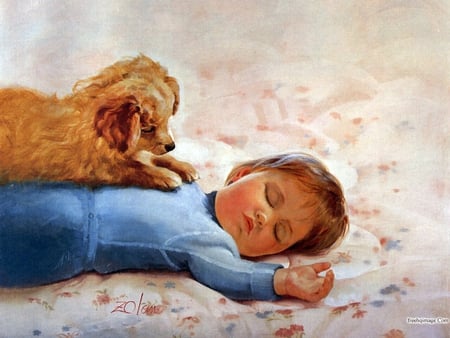 Donald Zolan - boy, sleep, painting, dog, puppy, art, donald zolan