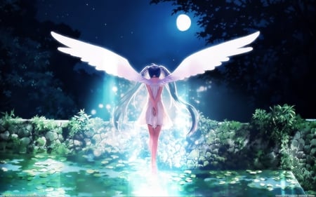 miku goddess - vocaloid, miku hatsune, hatsune miku, angel, night, light, long hair, blue hair, moon, twin tails, twintails, beautiful, moonlight, miku, green, cute, vocaloids