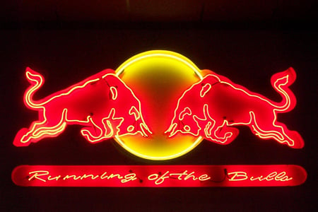 Running of the Bulls - bulls, sign, red, neon