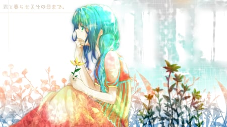 Hatsune Miku - pretty, artistic, meadow, flowers, nice, program, beauty, virtual, cg, white, green, cute, aqua eyes, song, vocaloid, anime, blue, twintail, dress, hatsune miku, music, aqua, art, idol, anime girl, trees, beautiful, singer, girl, cool, orange, black, miku, awesome, diva, digital, aqua hair, hatsune, vocaloids