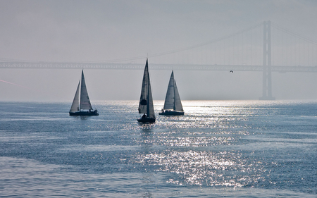 Hazy Sail - shine, shimmer, golden gate, water, beautiful