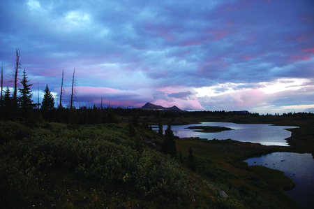 Twin-Lakes-In-The-Flat-Tops-Wilderness - two, sky, trees, night, lakes, nature, clouds, flowers, colors, grass