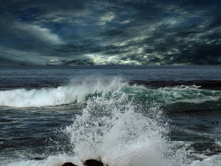 Splashing on the Rocks - splash, ocean, water, sky