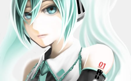 Hatsune Miku - aqua, headset, music, anime girl, white, art, cool, aqua eyes, artistic, hatsune miku, song, vocaloids, program, vocaloid, beautiful, uniform, diva, nice, beauty, twintail, singer, aqua hair, black, virtual, pretty, anime, miku, cute, 3d idol, girl, cg, hatsune, microphone, headphones, blue, tie, digital, awesome, outfit