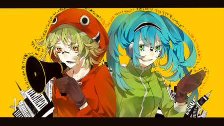 Vocaloid - blue hair, bicolored eyes, hatsune miku, hat, gumi, green hair, 2girls, short hair