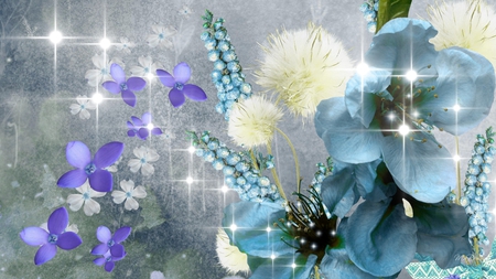 Blues Alive - grunge, flowers, sparkle, lavender, blue, stars, firefox persona