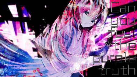 Can you Feel the Purple Truth - aqua, hot, music, anime girl, white, art, purple, cool, aqua eyes, artistic, sexy, song, vocaloids, program, vocaloid, beautiful, pink, diva, dress, nice, beauty, singer, black, virtual, pretty, idol, megurine luka, anime, cute, megurine, luka, pixiv, girl, pink hair, cg, truth, blue, digital, awesome