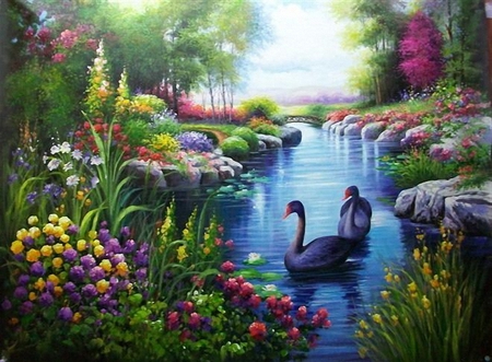 Colorful nature - abstract, swan, colors, flower, colorful, river, fantasy, nature, painting, art