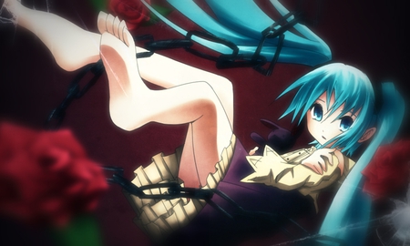 Hatsune Miku - aqua, thighhighs, music, white, art, purple, rabbit, cool, aqua eyes, artistic, hatsune miku, song, blood, vocaloid, beautiful, diva, dress, nice, beauty, voclaoids, chain, toy, twintail, singer, aqua hair, rose, black, bunny, pretty, idol, anime, miku, cute, plushie, cg, hatsune, red, ocean girl, blue, digital, awesome, flower