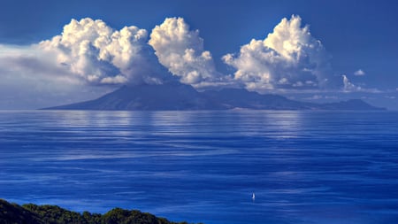 Blue Seascape - sail, clouds, blue, deep, mountains, sea