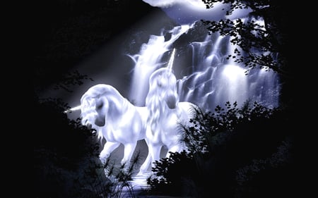 unicorns - trees, falls, unicorns, walking, water, stream, race, white, along, forest, horse, unicorn