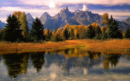 Wonderful nature - red leaves, autumn, lake, trees, mountains, reflect