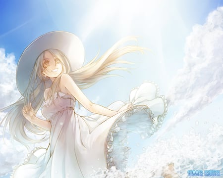 Original - hat, clouds, yellow eyes, water, original, dress, blonde hair, long hair, tatsuki maki, gray hair, signed, sky