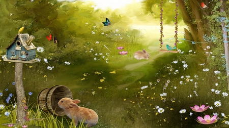 Animals Wonderland - rabbit, trees, birds, fields, butterflies, firefox persona, flowers, bird house, bunnies