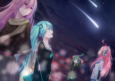 Shooting Stars - horizon, aqua, headset, music, sunset, anime girl, white, art, cool, dark, shooting star, aqua eyes, hatusne, artistic, hatsune miku, song, vocaloids, program, vocaloid, pink, beautiful, uniform, diva, beauty, nice, sky, night sky, twintail, singer, aqua hair, black, virtual, red eyes, pretty, megurine luka, clouds, idol, anime, green, gumi, miku, cute, megurine, luka, girl, pink hair, night, cg, star, green eyes, microphone, headphones, blue, awesome, digital, green hair, outfit