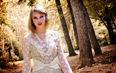 Taylor Swift - forest, actresses, beautiful, songwriter, forests, lips, singer, nature, red, celebrity, dress, taylor swift, people, lovely, white gown, trees, music, entertainment