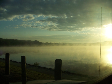 sunrise on shawnee lake - sunrise, cool morning, lake, fog