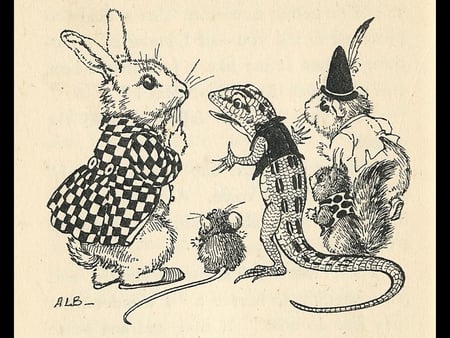 Tuck's Alice in Wonderland - illustration, rabbit, imaginary, lizard, mouse