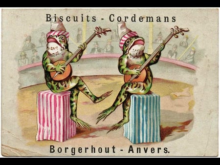 Froggy Musicians - banjo, advertisement, circus, antique