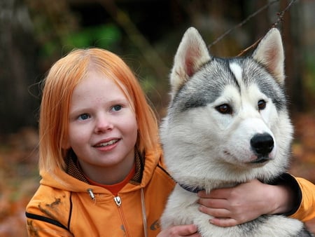 Always friends - pet, husky, animal, people, girl, dog, puppy, friend