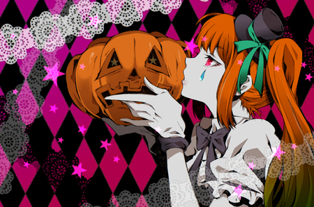 love hallowen - stars, pink, orange hair, long hair, miku, pink eyes