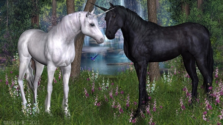 Mates - love, animals, equine, summer, fantasy, spring, horse, flowers, unicorn