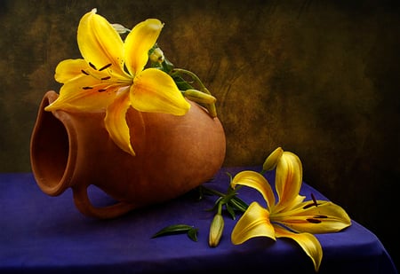 Still Life - beauty, lilies, yellow flowers, photography, lovely, still life, nature, floral, lily, pretty, romantic, yellow, petals, beautiful, romance, flowers