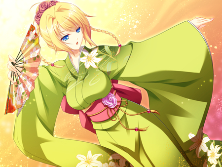 Nadeshiko Ranbu - fan, tagme, nadeshiko ranbu, blue eyes, anime, japanese, original, kimono girl