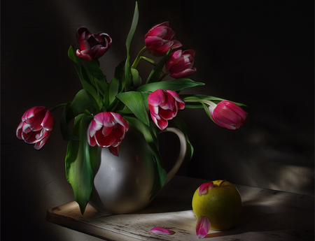 still life - pretty, elegantly, photo, flowers, fruit, nice, beautiful, photography, beauty, lovely, cool, still life, flower, petals, tulip, bouquet, jug, harmony, tulips, apple