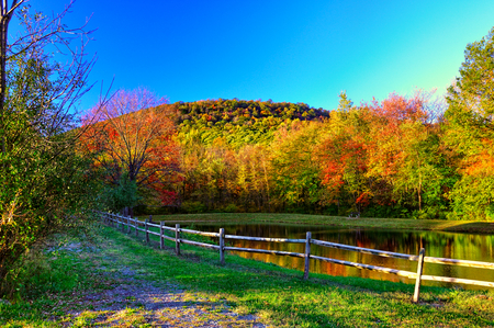 Autumn-HDR - pretty, grass, sunrise, forest, reflection, walk, path, view, hdr, bench, lake, nice, sky, trees, water, beautiful, photography, beauty, colors, lovely, cool, fence, river, nature, sunset, season, autumn