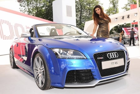 car model 10 - spandex, hot, lycra, convertable, model, car, tight, brunette, cute, tt, germany, sexy, girl, glamour, rs, fashion, gold, cabriolet, satin, blue, sports car, audi, dress