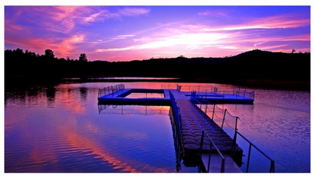 Blue Dusk - dock, blue, red, water, sunset, dusk